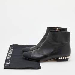 Chanel Black Leather and Fabric CC Cap Toe Embellished Ankle Boots Size 36