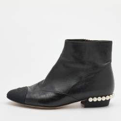 Chanel Black Leather and Fabric CC Cap Toe Embellished Ankle Boots Size 36