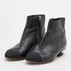 Chanel Black Leather and Fabric CC Cap Toe Embellished Ankle Boots Size 36