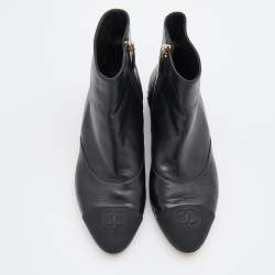 Chanel Black Leather and Fabric CC Cap Toe Embellished Ankle Boots Size 36