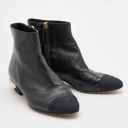 Chanel Black Leather and Fabric CC Cap Toe Embellished Ankle Boots Size 36