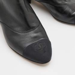 Chanel Black Leather and Fabric CC Cap Toe Embellished Ankle Boots Size 36