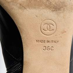 Chanel Black Leather and Fabric CC Cap Toe Embellished Ankle Boots Size 36