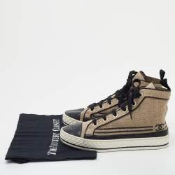 Pre Owned Chanel Beige/Black Jute and Leather CC Cap Toe High Top Sneakers Size 37
