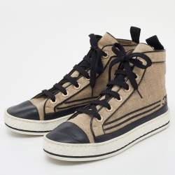Pre Owned Chanel Beige/Black Jute and Leather CC Cap Toe High Top Sneakers Size 37