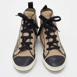 Pre Owned Chanel Beige/Black Jute and Leather CC Cap Toe High Top Sneakers Size 37