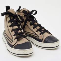 Pre Owned Chanel Beige/Black Jute and Leather CC Cap Toe High Top Sneakers Size 37