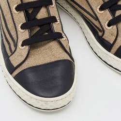 Pre Owned Chanel Beige/Black Jute and Leather CC Cap Toe High Top Sneakers Size 37