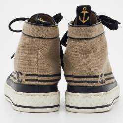 Pre Owned Chanel Beige/Black Jute and Leather CC Cap Toe High Top Sneakers Size 37