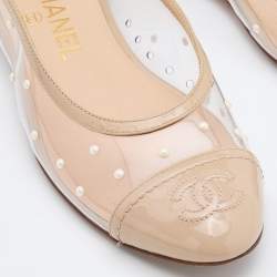 Pre Owned Chanel Beige Patent Leather and PVC Embellished Ballet Flats Size 35.5