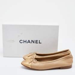 Pre Owned Chanel Beige Leather CC Cap Toe Ballet Flats Size 37.5