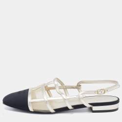 Chanel Black/Silver Fabric, Mesh and Leather CC Slingback Flat Sandals Size 37