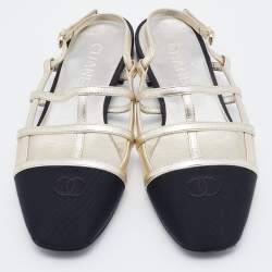 Chanel Black/Silver Fabric, Mesh and Leather CC Slingback Flat Sandals Size 37