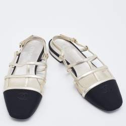 Chanel Black/Silver Fabric, Mesh and Leather CC Slingback Flat Sandals Size 37