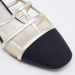 Chanel Black/Silver Fabric, Mesh and Leather CC Slingback Flat Sandals Size 37
