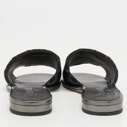 Pre Owned Chanel Black/Grey Beads Embellished CC Flat Slides Size 38.5