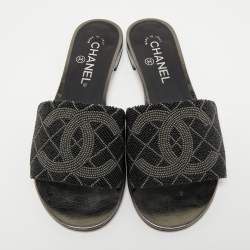 Pre Owned Chanel Black/Grey Beads Embellished CC Flat Slides Size 38.5