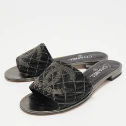 Pre Owned Chanel Black/Grey Beads Embellished CC Flat Slides Size 38.5
