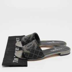 Pre Owned Chanel Black/Grey Beads Embellished CC Flat Slides Size 38.5