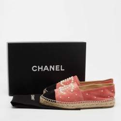Pre Owned Chanel Pink/Black Suede CC Pearl Espadrilles Flats Size 37
