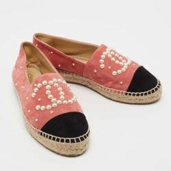 Pre Owned Chanel Pink/Black Suede CC Pearl Espadrilles Flats Size 37