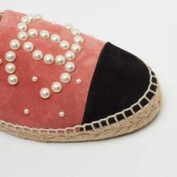 Pre Owned Chanel Pink/Black Suede CC Pearl Espadrilles Flats Size 37