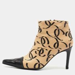 Chanel Black/Beige CC Print Leather Ankle Booties Size 35.5 