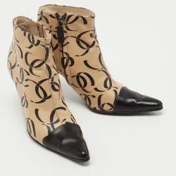 Chanel Black/Beige CC Print Leather Ankle Booties Size 35.5 