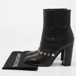 Chanel Black Leather Charm Ankle Boots Size 38