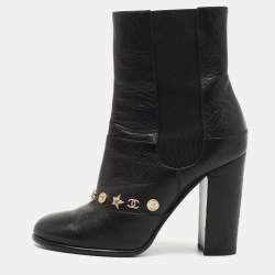 Chanel Black Leather Charm Ankle Boots Size 38
