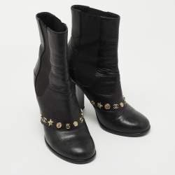 Chanel Black Leather Charm Ankle Boots Size 38