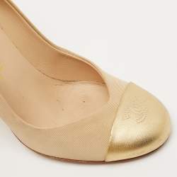 Pre Owned Chanel Gold/Beige Canvas and Leather CC Cap Toe Pumps Size 36 