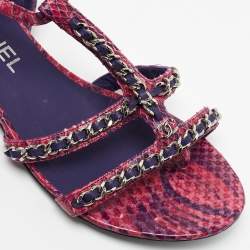 Chanel Pink/Purple Python Chain Detail Strappy Flat Sandals Size 37.5