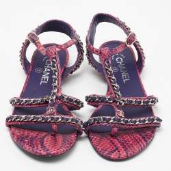 Chanel Pink/Purple Python Chain Detail Strappy Flat Sandals Size 37.5
