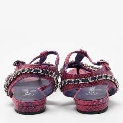 Chanel Pink/Purple Python Chain Detail Strappy Flat Sandals Size 37.5
