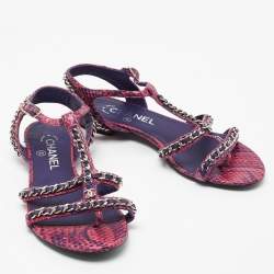 Chanel Pink/Purple Python Chain Detail Strappy Flat Sandals Size 37.5