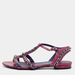 Chanel Pink/Purple Python Chain Detail Strappy Flat Sandals Size 37.5