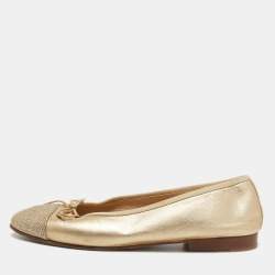 Pre Owned Chanel Gold Leather CC Ballet Flats Size 37