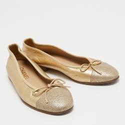 Pre Owned Chanel Gold Leather CC Ballet Flats Size 37