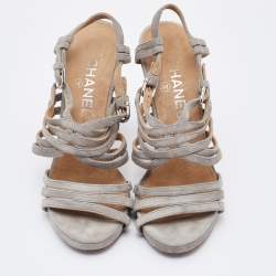 Pre Owned Chanel Grey Suede Cork Block Heel Strappy Sandals Size 37
