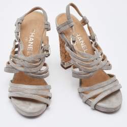 Pre Owned Chanel Grey Suede Cork Block Heel Strappy Sandals Size 37