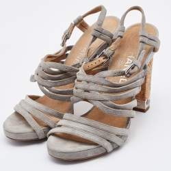 Pre Owned Chanel Grey Suede Cork Block Heel Strappy Sandals Size 37