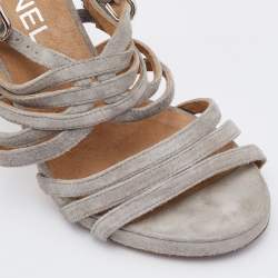 Pre Owned Chanel Grey Suede Cork Block Heel Strappy Sandals Size 37