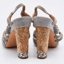 Pre Owned Chanel Grey Suede Cork Block Heel Strappy Sandals Size 37