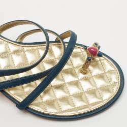 Pre Owned Chanel Blue Leather Interlocking CC Logo Ankle Strap Sandals Size 37