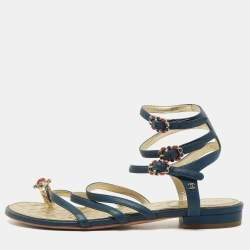 Pre Owned Chanel Blue Leather Interlocking CC Logo Ankle Strap Sandals Size 37