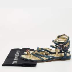 Pre Owned Chanel Blue Leather Interlocking CC Logo Ankle Strap Sandals Size 37