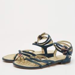 Pre Owned Chanel Blue Leather Interlocking CC Logo Ankle Strap Sandals Size 37