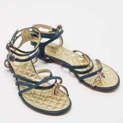 Pre Owned Chanel Blue Leather Interlocking CC Logo Ankle Strap Sandals Size 37