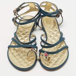 Pre Owned Chanel Blue Leather Interlocking CC Logo Ankle Strap Sandals Size 37